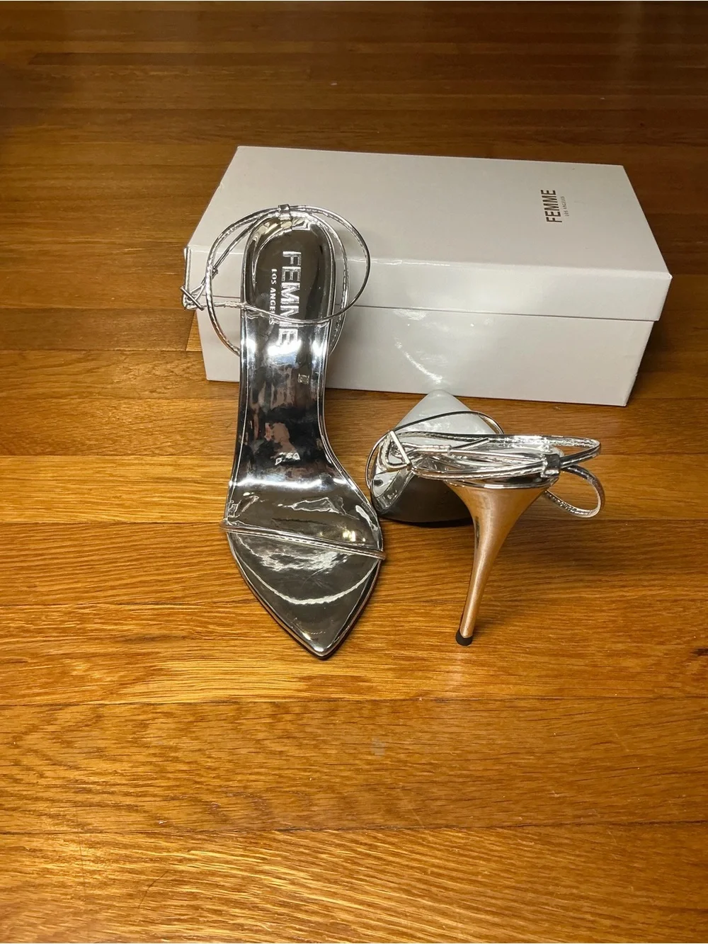 FEMME LA Silver Metallic Stiletto Ankle-Strap Sandal